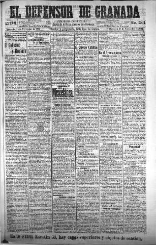 'El Defensor de Granada  : diario político independiente' - Año XXVI Número 13414  - 1904 Noviembre 23