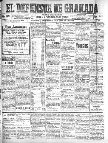 'El Defensor de Granada  : diario político independiente' - Año XXVI Número 13444  - 1904 Diciembre 23