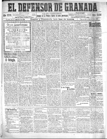 'El Defensor de Granada  : diario político independiente' - Año XXVI Número 13450  - 1904 Diciembre 30