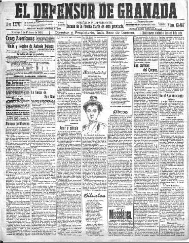 'El Defensor de Granada  : diario político independiente' - Año XXVII Número 13487  - 1905 Febrero 05