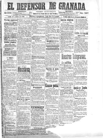 'El Defensor de Granada  : diario político independiente' - Año XXVII Número 13537  - 1905 Marzo 27
