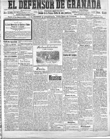 'El Defensor de Granada  : diario político independiente' - Año XXVII Número 13541  - 1905 Marzo 31