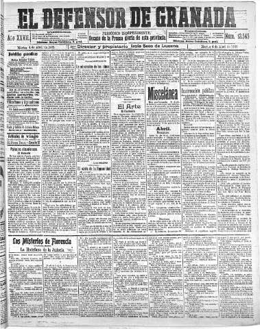 'El Defensor de Granada  : diario político independiente' - Año XXVII Número 13545  - 1905 Abril 04