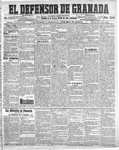 'El Defensor de Granada  : diario político independiente' - Año XXVII Número 13546  - 1905 Abril 05