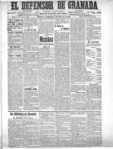 'El Defensor de Granada  : diario político independiente' - Año XXVII Número 13549  - 1905 Abril 08