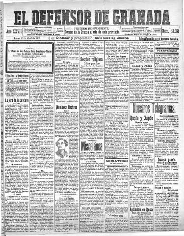 'El Defensor de Granada  : diario político independiente' - Año XXVII Número 13551  - 1905 Abril 10
