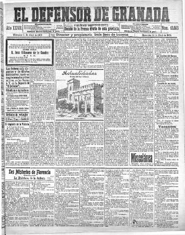 'El Defensor de Granada  : diario político independiente' - Año XXVII Número 13553  - 1905 Abril 12