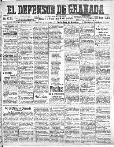 'El Defensor de Granada  : diario político independiente' - Año XXVII Número 13563  - 1905 Abril 23