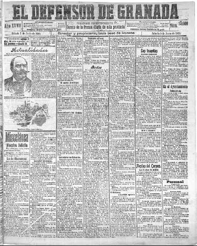 'El Defensor de Granada  : diario político independiente' - Año XXVII Número 13600  - 1905 Junio 03