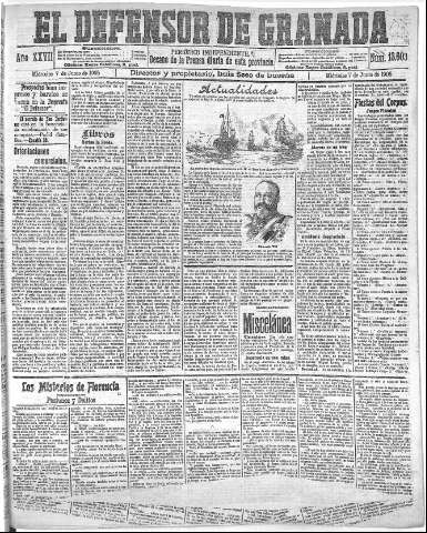'El Defensor de Granada  : diario político independiente' - Año XXVII Número 13603  - 1905 Junio 07