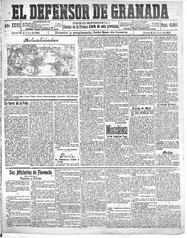 'El Defensor de Granada  : diario político independiente' - Año XXVII Número 13610  - 1905 Junio 15