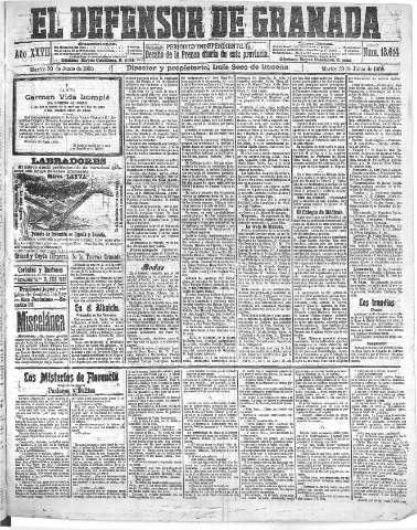 'El Defensor de Granada  : diario político independiente' - Año XXVII Número 13614  - 1905 Junio 20