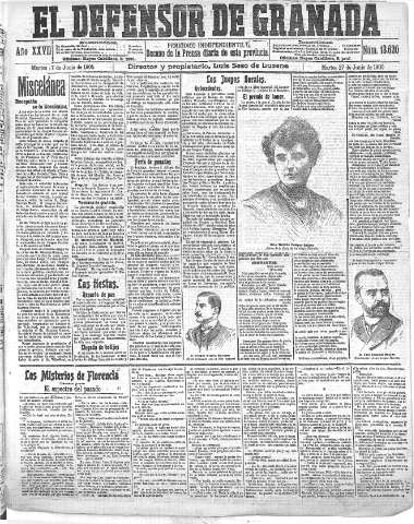 'El Defensor de Granada  : diario político independiente' - Año XXVII Número 13620  - 1905 Junio 27
