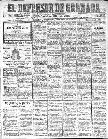 'El Defensor de Granada  : diario político independiente' - Año XXVII Número 13625  - 1905 Julio 04