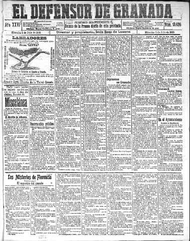 'El Defensor de Granada  : diario político independiente' - Año XXVII Número 13626  - 1905 Julio 05