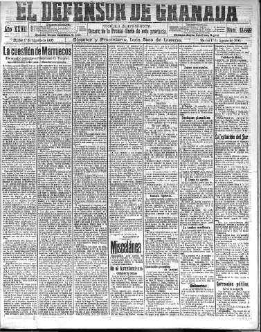 'El Defensor de Granada  : diario político independiente' - Año XXVII Número 13649  - 1905 Agosto 01
