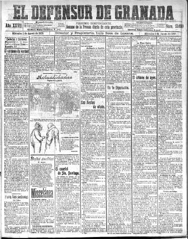 'El Defensor de Granada  : diario político independiente' - Año XXVII Número 13650  - 1905 Agosto 02