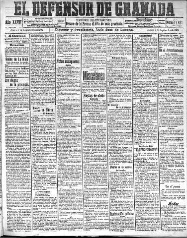 'El Defensor de Granada  : diario político independiente' - Año XXVII Número 13681  - 1905 Septiembre 07