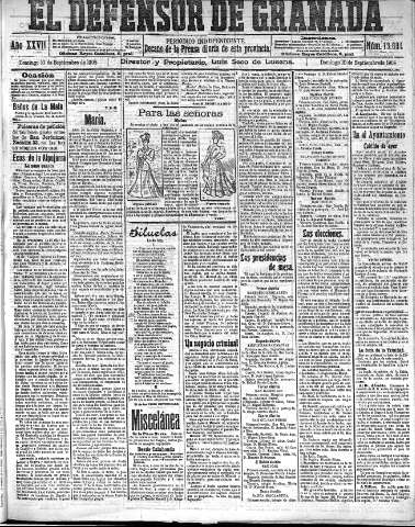 'El Defensor de Granada  : diario político independiente' - Año XXVII Número 13684  - 1905 Septiembre 10