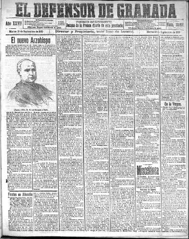 'El Defensor de Granada  : diario político independiente' - Año XXVII Número 13691  - 1905 Septiembre 19