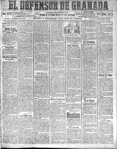 'El Defensor de Granada  : diario político independiente' - Año XXVII Número 13693  - 1905 Septiembre 21