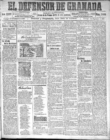'El Defensor de Granada  : diario político independiente' - Año XXVII Número 13696  - 1905 Septiembre 24