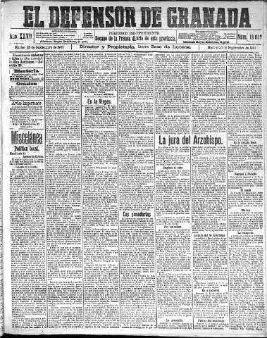 'El Defensor de Granada  : diario político independiente' - Año XXVII Número 13697  - 1905 Septiembre 26