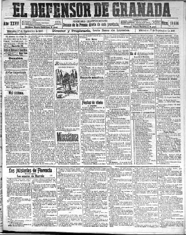 'El Defensor de Granada  : diario político independiente' - Año XXVII Número 13698  - 1905 Septiembre 27