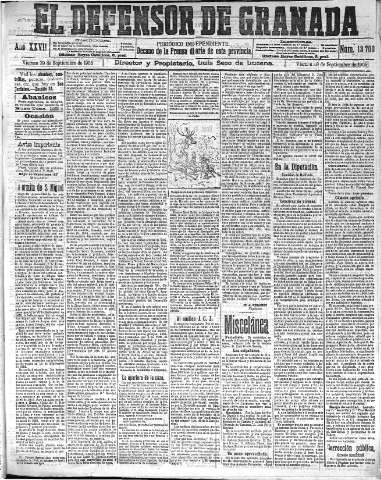 'El Defensor de Granada  : diario político independiente' - Año XXVII Número 13700  - 1905 Septiembre 29