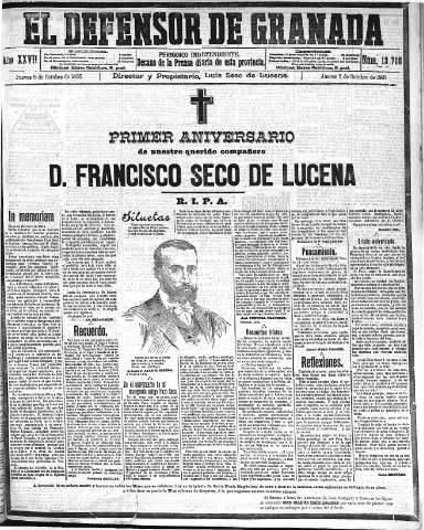 'El Defensor de Granada  : diario político independiente' - Año XXVII Número 13705  - 1905 Octubre 05