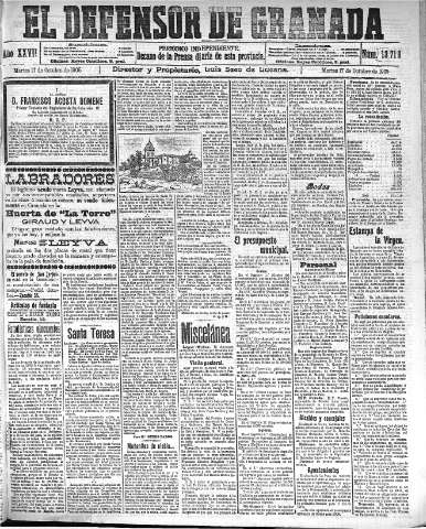 'El Defensor de Granada  : diario político independiente' - Año XXVII Número 13715  - 1905 Octubre 17