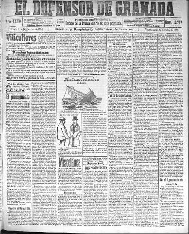 'El Defensor de Granada  : diario político independiente' - Año XXVII Número 13737  - 1905 Noviembre 11