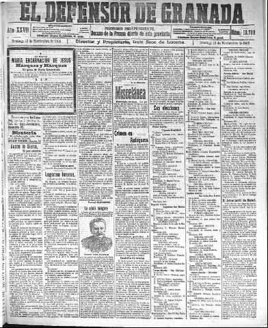 'El Defensor de Granada  : diario político independiente' - Año XXVII Número 13738  - 1905 Noviembre 12