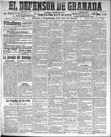 'El Defensor de Granada  : diario político independiente' - Año XXVII Número 13739  - 1905 Noviembre 14