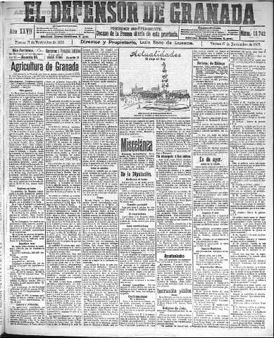 'El Defensor de Granada  : diario político independiente' - Año XXVII Número 13742  - 1905 Noviembre 17