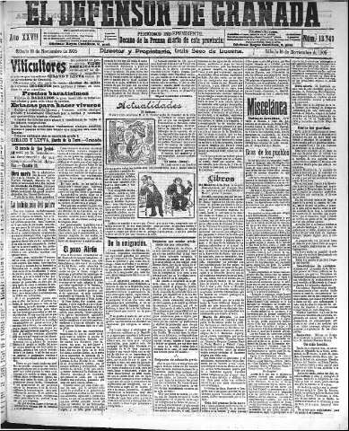 'El Defensor de Granada  : diario político independiente' - Año XXVII Número 13743  - 1905 Noviembre 18