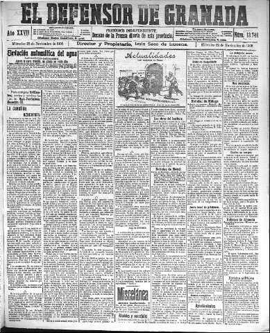 'El Defensor de Granada  : diario político independiente' - Año XXVII Número 13746  - 1905 Noviembre 22
