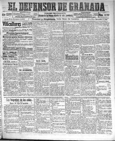 'El Defensor de Granada  : diario político independiente' - Año XXVII Número 13747  - 1905 Noviembre 23