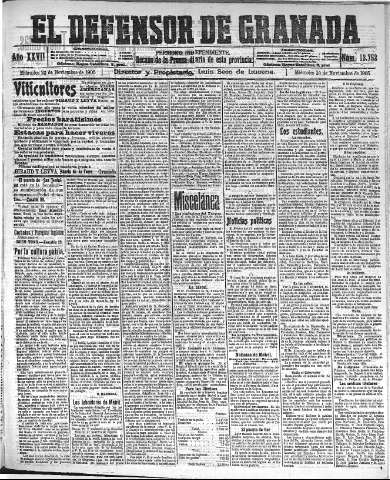 'El Defensor de Granada  : diario político independiente' - Año XXVII Número 13752  - 1905 Noviembre 29