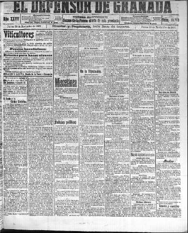 'El Defensor de Granada  : diario político independiente' - Año XXVII Número 13753  - 1905 Noviembre 30
