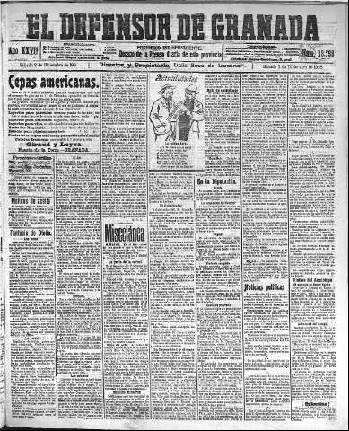 'El Defensor de Granada  : diario político independiente' - Año XXVII Número 13755  - 1905 Diciembre 02