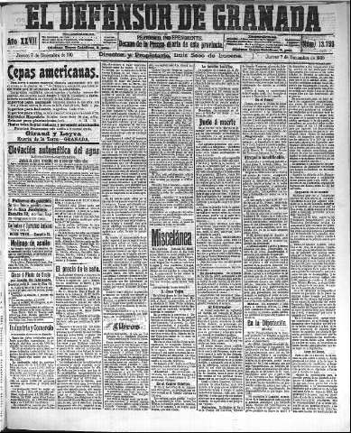 'El Defensor de Granada  : diario político independiente' - Año XXVII Número 13759  - 1905 Diciembre 07