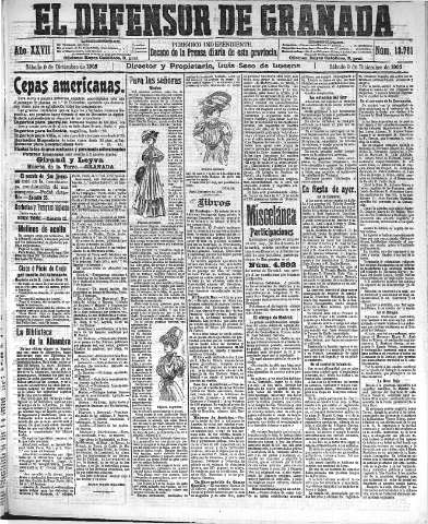 'El Defensor de Granada  : diario político independiente' - Año XXVII Número 13761  - 1905 Diciembre 09
