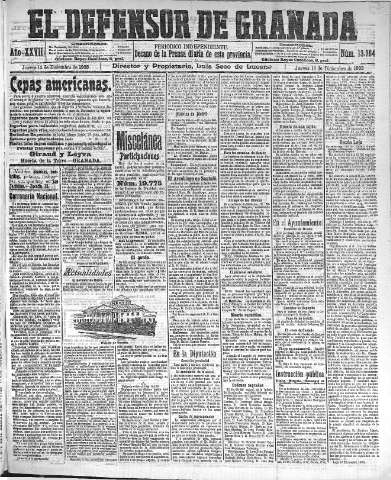'El Defensor de Granada  : diario político independiente' - Año XXVII Número 13764  - 1905 Diciembre 14