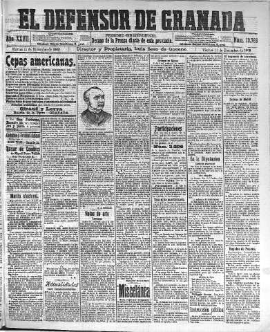 'El Defensor de Granada  : diario político independiente' - Año XXVII Número 13765  - 1905 Diciembre 15