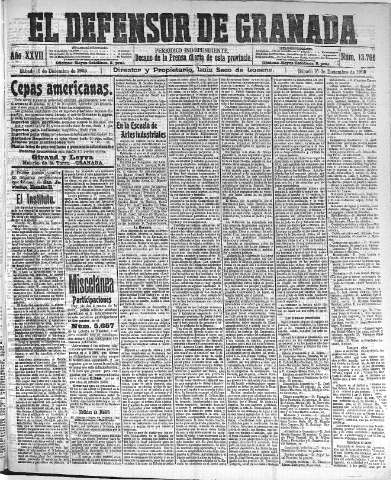 'El Defensor de Granada  : diario político independiente' - Año XXVII Número 13766  - 1905 Diciembre 16