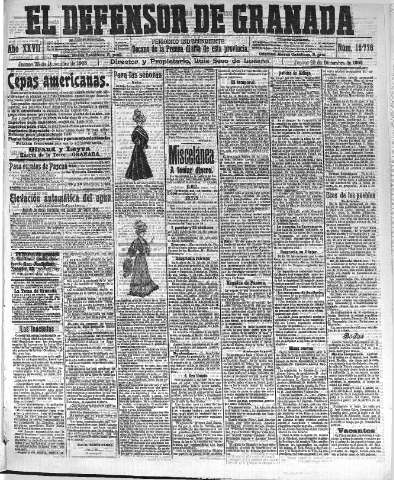 'El Defensor de Granada  : diario político independiente' - Año XXVII Número 13776  - 1905 Diciembre 28