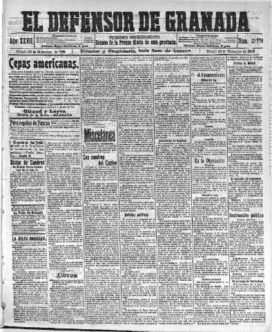 'El Defensor de Granada  : diario político independiente' - Año XXVII Número 13778  - 1905 Diciembre 30