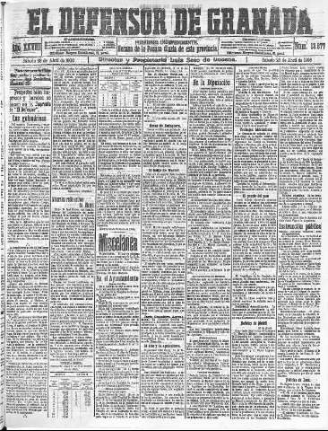 'El Defensor de Granada  : diario político independiente' - Año XXVIII Número 13877  - 1906 Abril 28