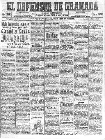 'El Defensor de Granada  : diario político independiente' - Año XXVIII Número 13953  - 1906 Julio 26